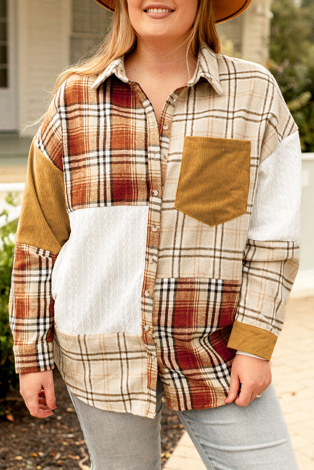 Plus Size Plaid Patchwork Button up Shacket