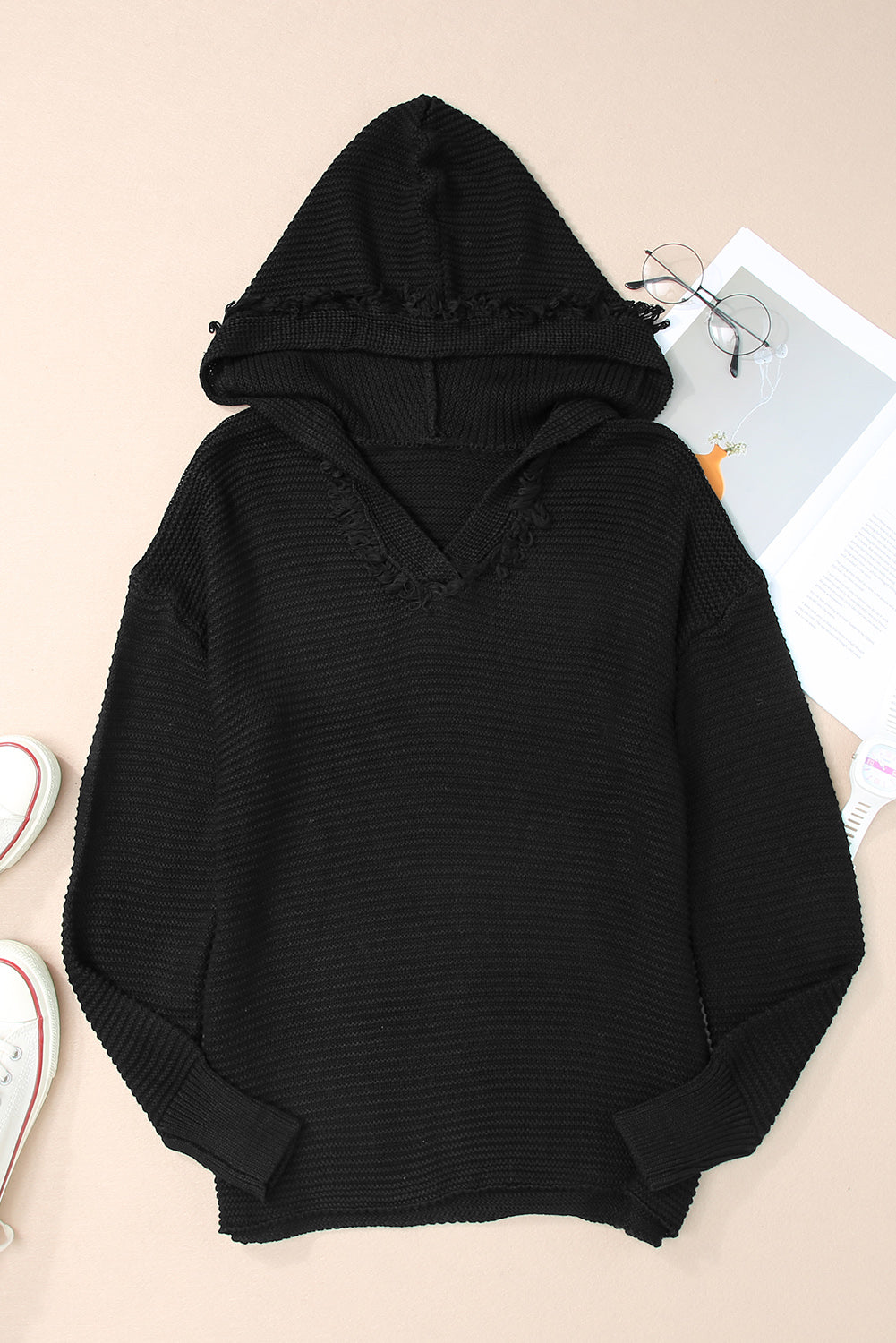 V Neck Ribbed Drop Shoulder Hooded Sweater