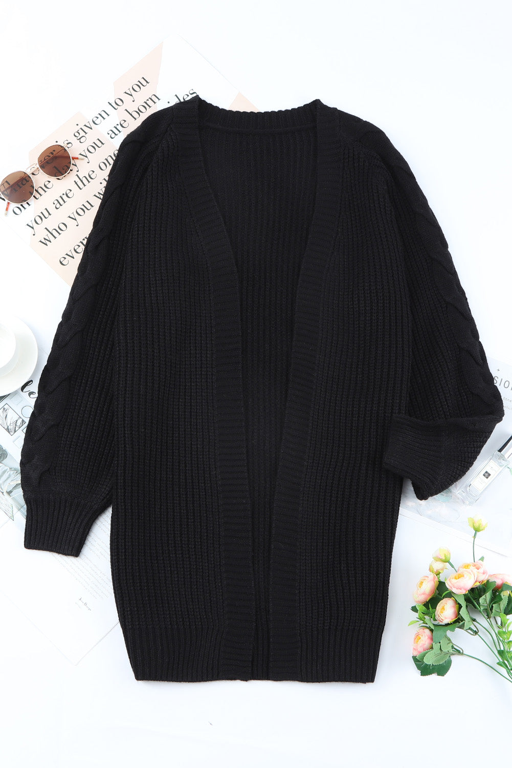 Open Front Cable Sleeve Long Cardigan