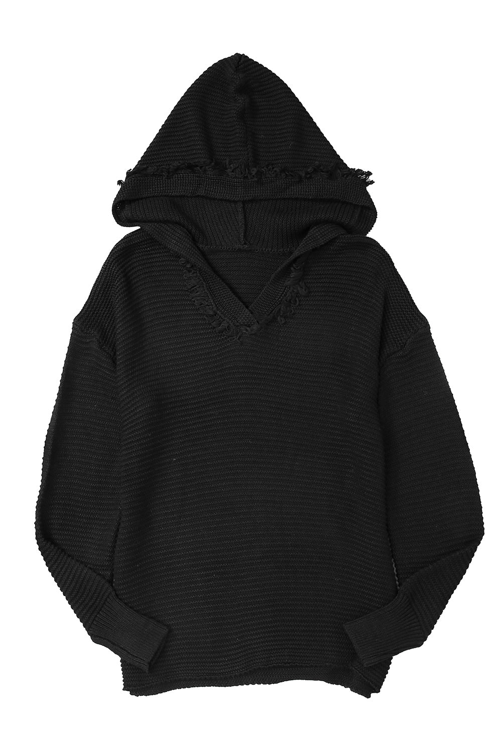 V Neck Ribbed Drop Shoulder Hooded Sweater