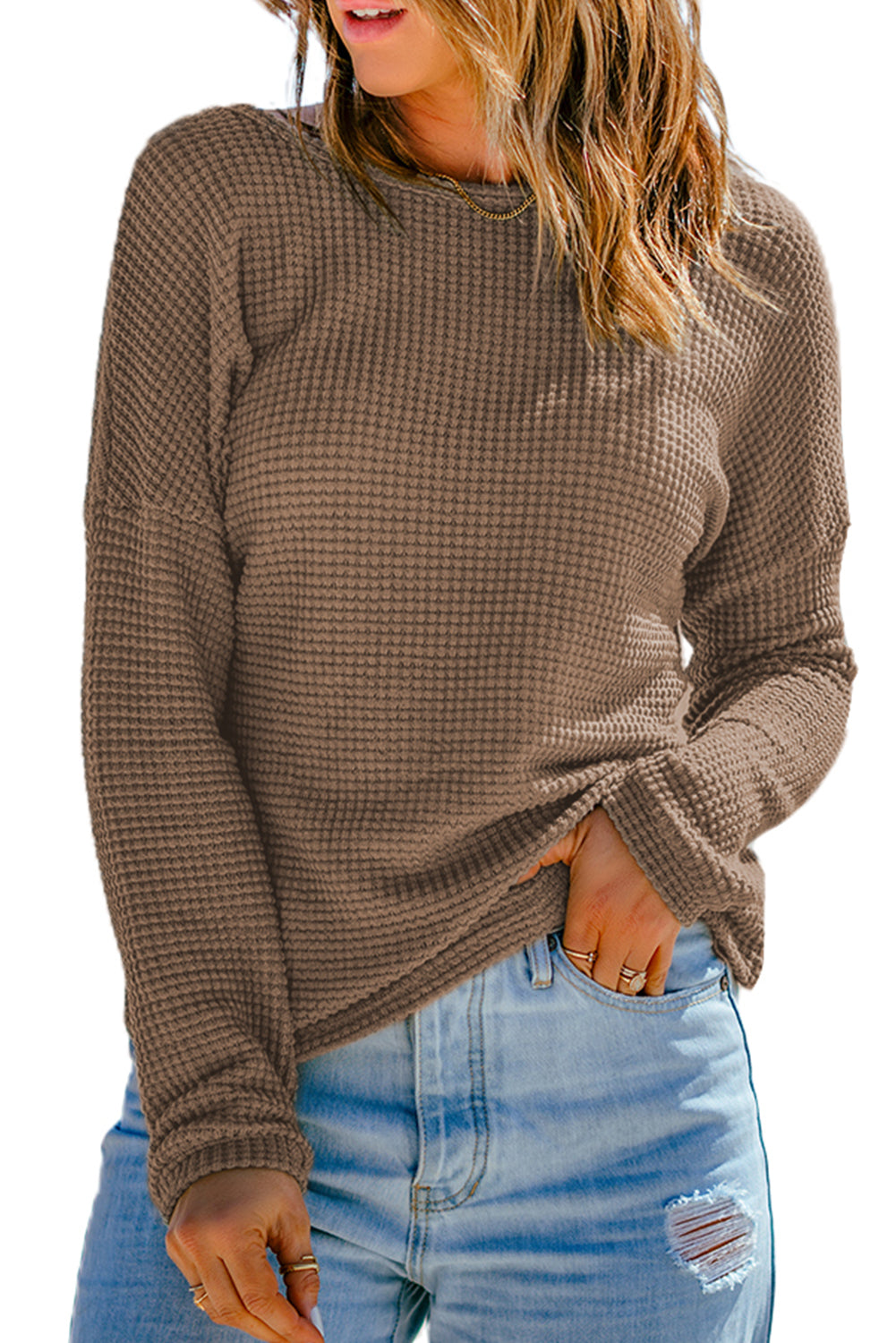 Waffle Knit Drop Shoulder Long Sleeve Top