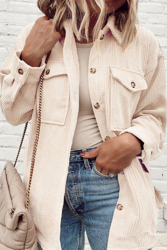 Plus size Oatmeal Textured Flap Pockets Buttoned Shacket