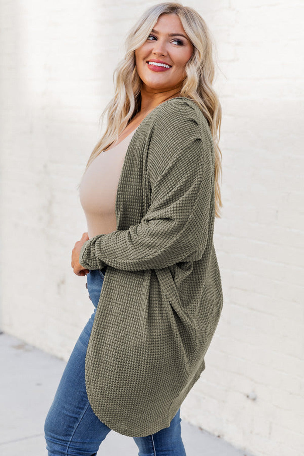 Plus Size Seagrass Waffle Knit Drop Shoulder Open Front Pocketed Cardigan