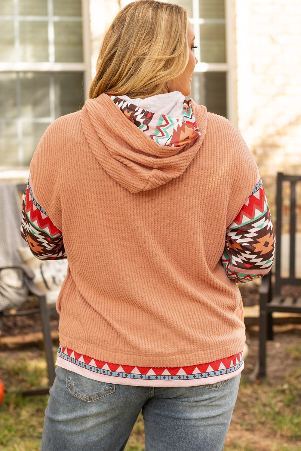 Plus size Khaki Aztec Patchwork Waffle Knit Hoodie
