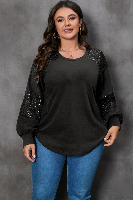 Plus Size Sequin Patchwork Crew Neck Long Sleeve Top