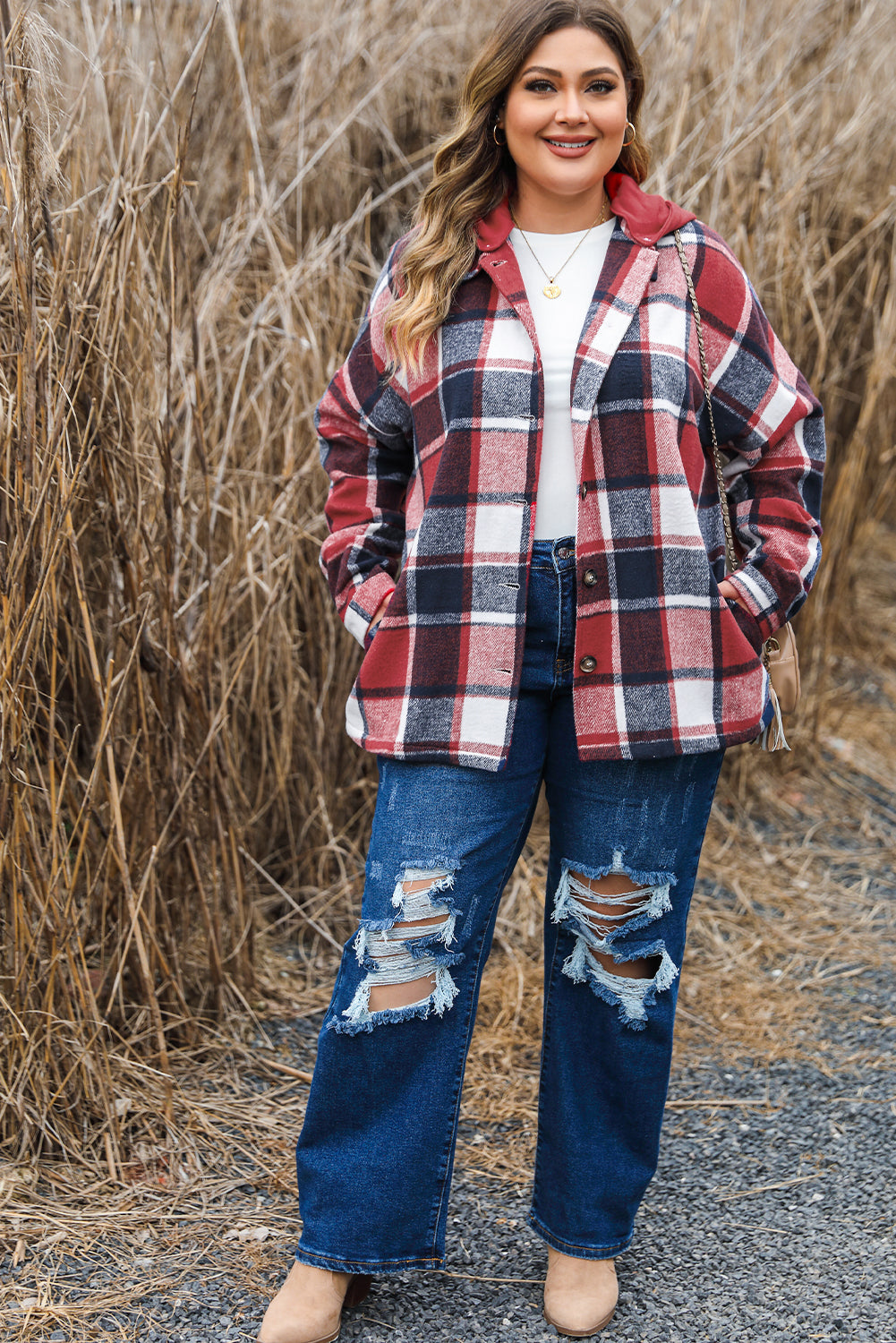 Plus Size Plaid Button up Hooded Jacket