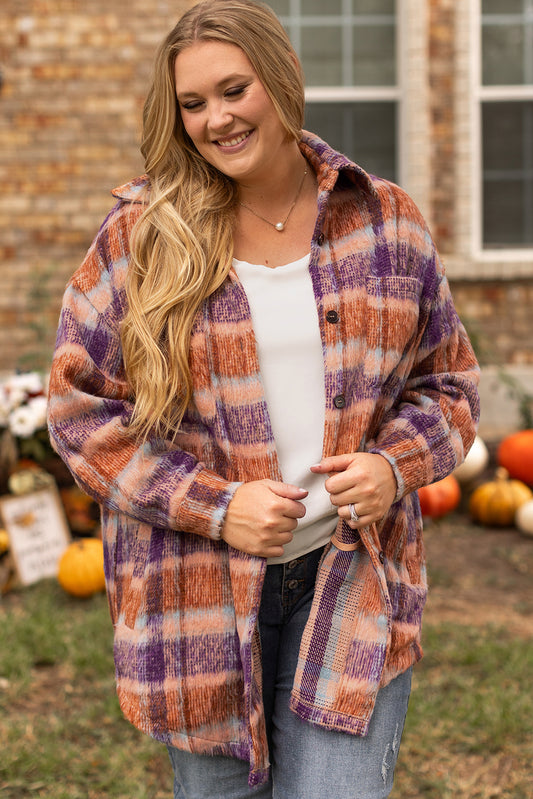 Plus Size Multicolor Plaid Print Collared Button up Jacket
