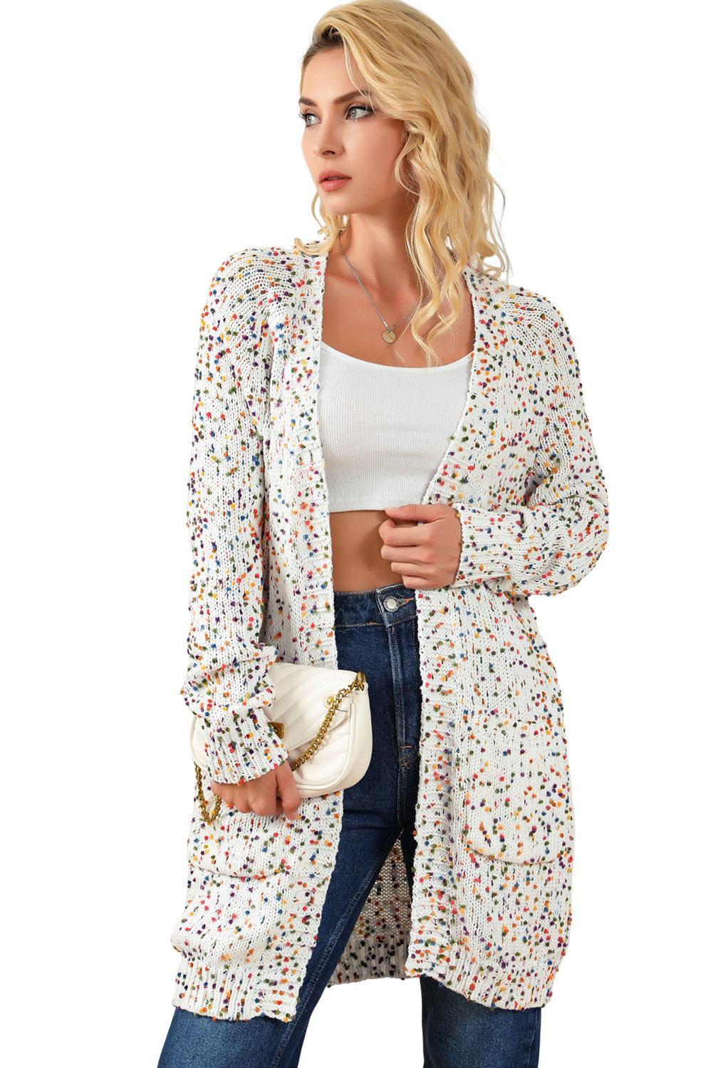 White Rainbow Popcorn Confetti Open Front Cardigan